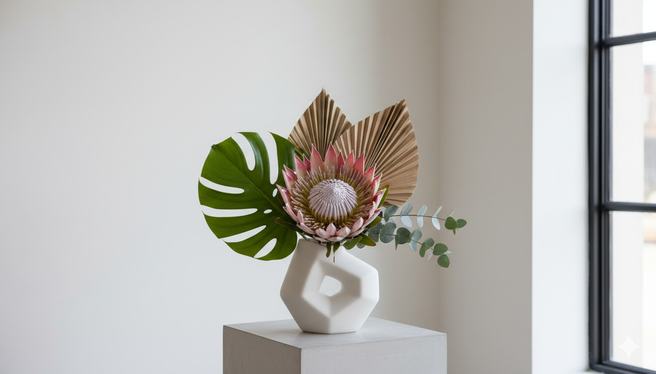 Modern arrangement with protea and unique foliage