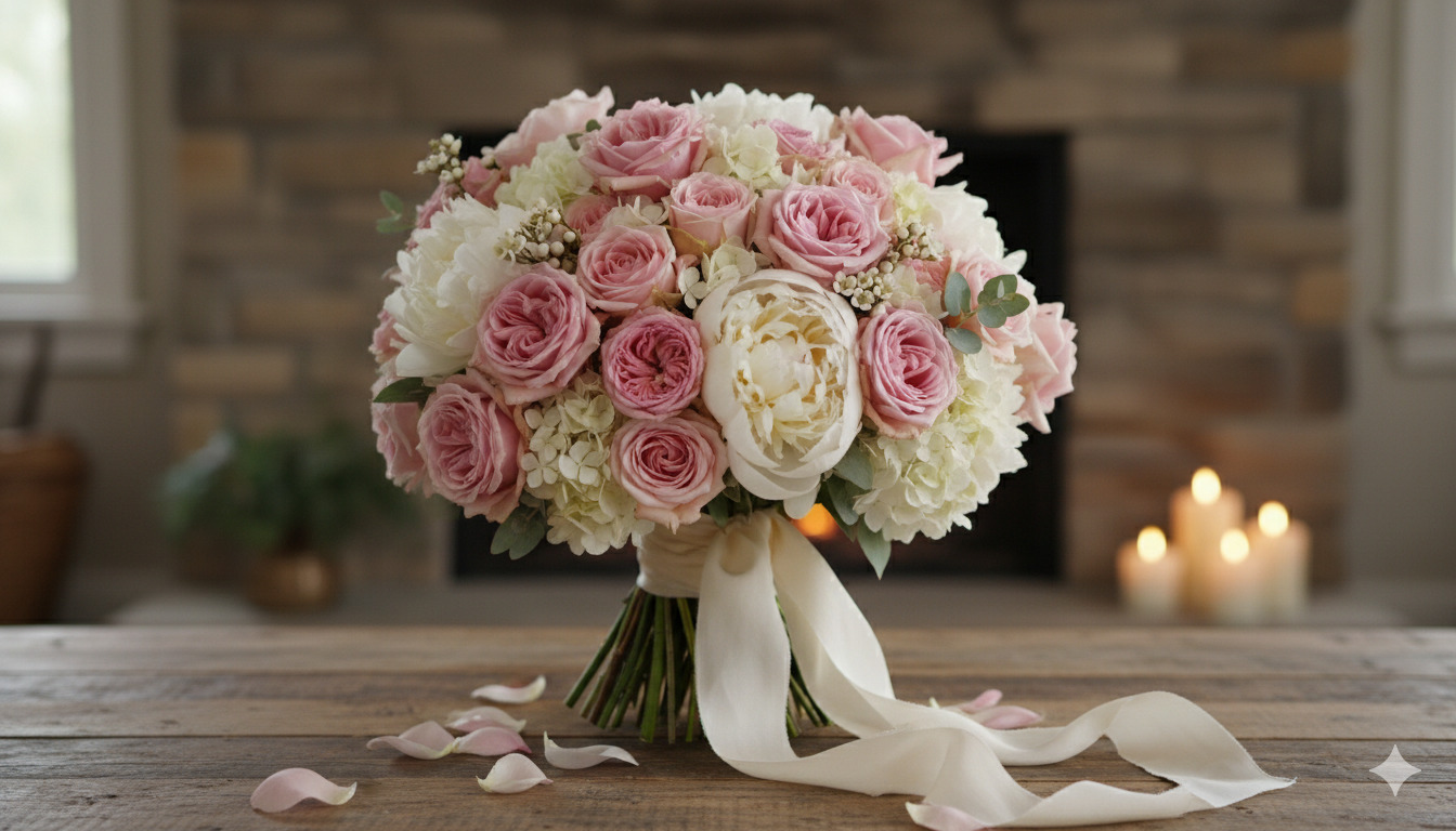 Romantic bouquet with pink roses and white peonies