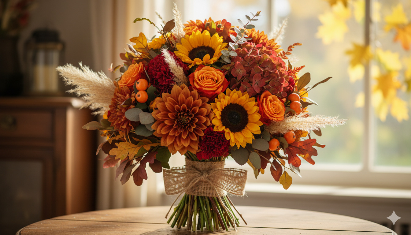 Seasonal autumn bouquet with warm tones