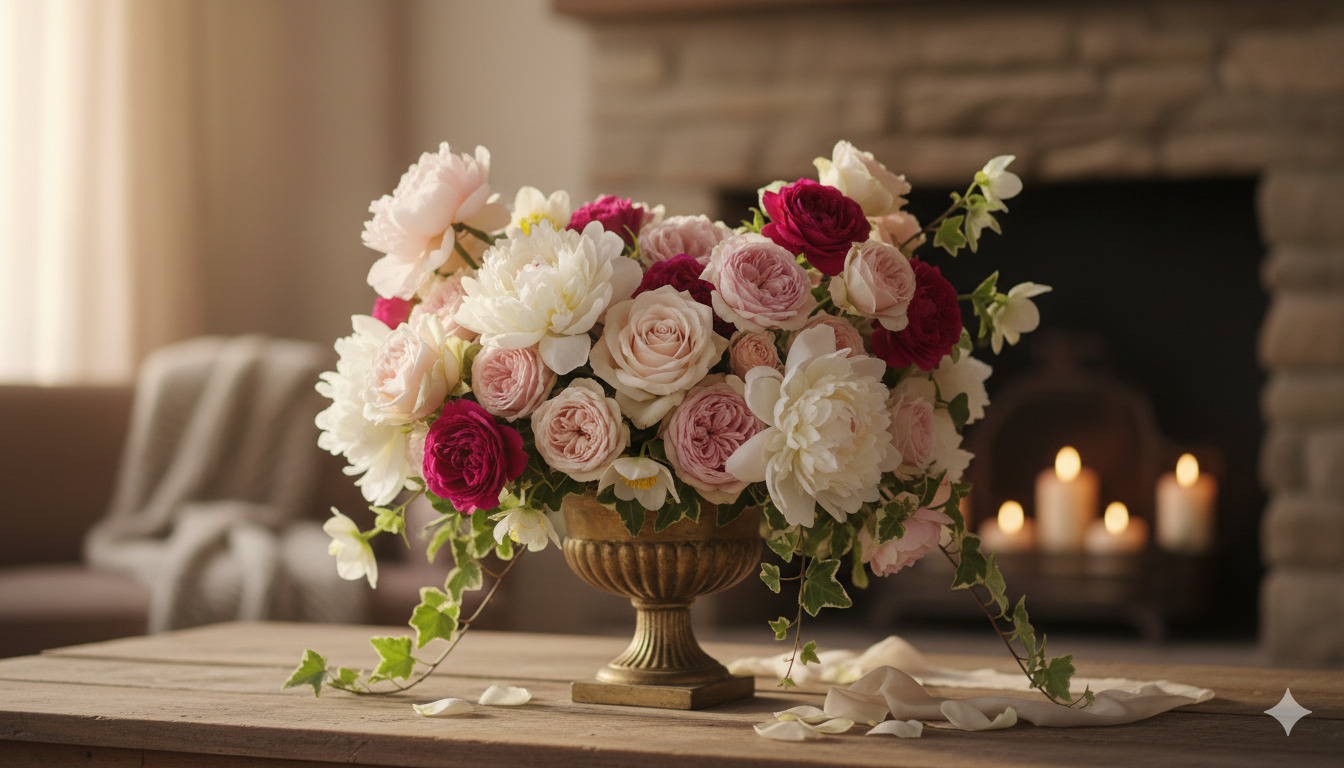 Romantic floral arrangement with roses and peonies