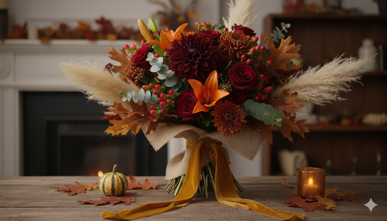 Seasonal bouquet featuring autumn colors and textures
