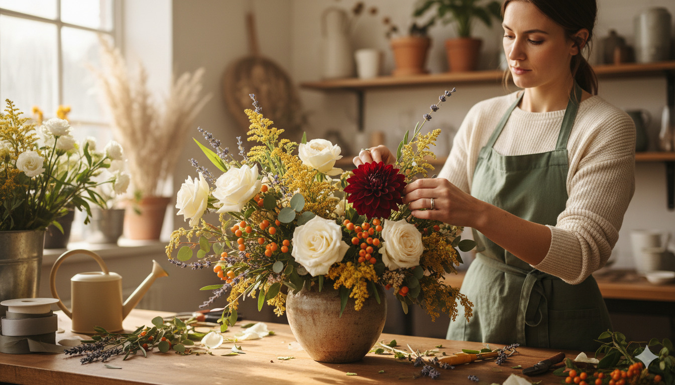 Custom floral arrangement being created