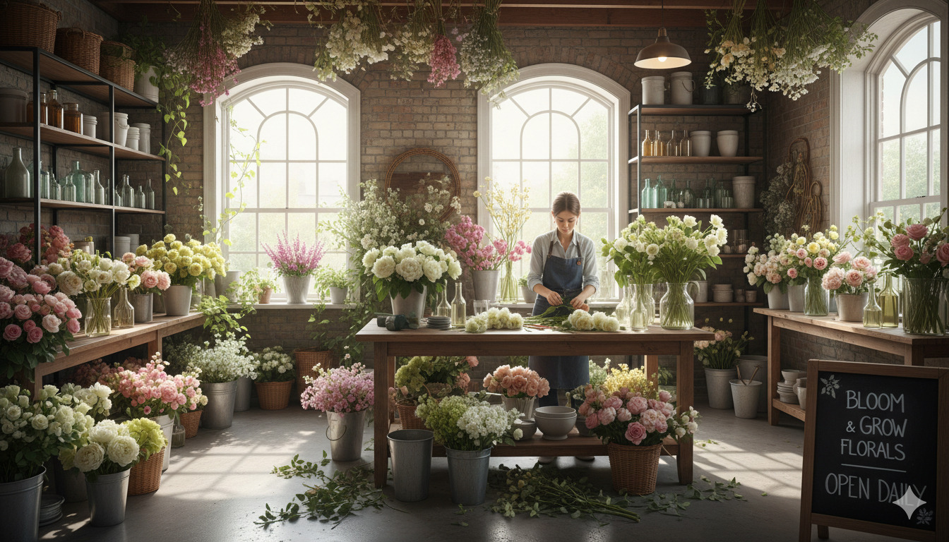 Floral design studio interior with fresh flowers