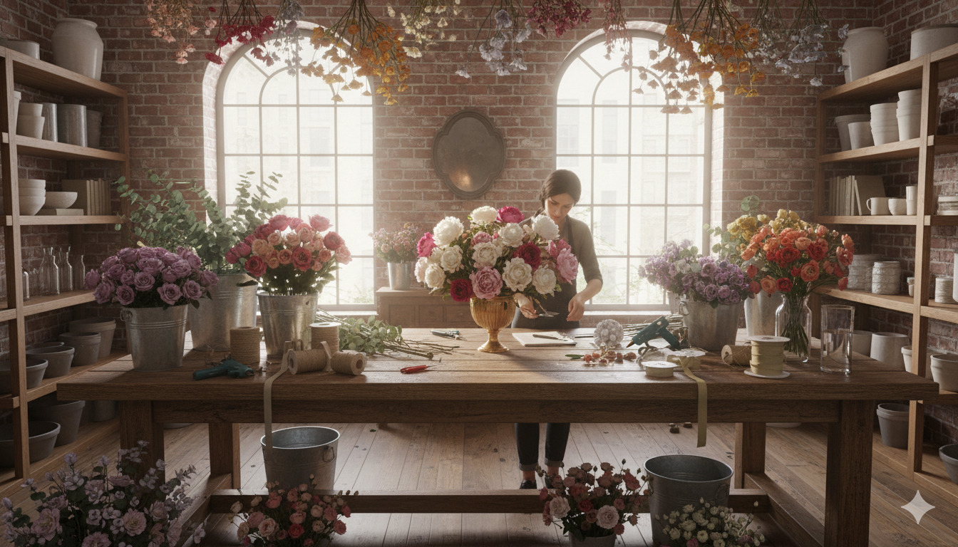 Floral design workspace with tools and fresh flowers