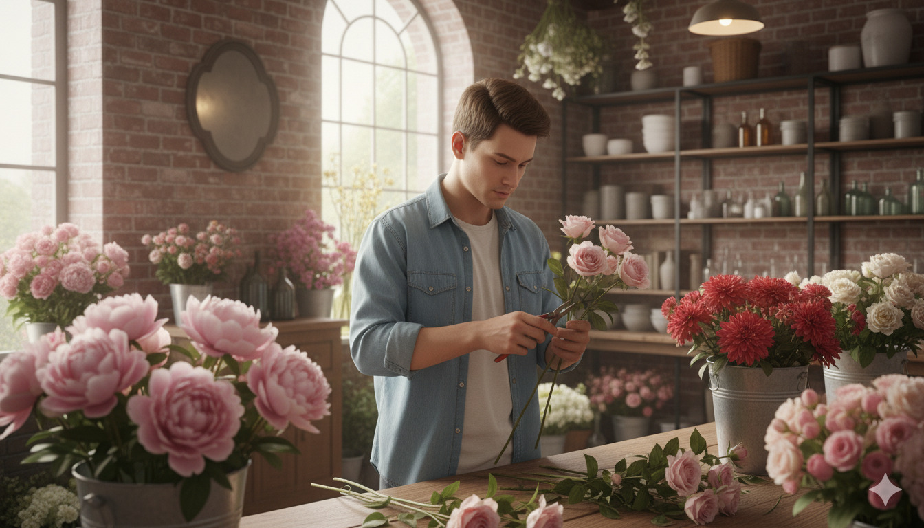 Team member caring for fresh flowers