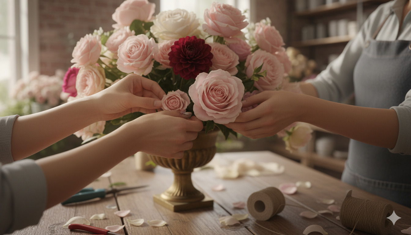 Hands carefully arranging floral composition